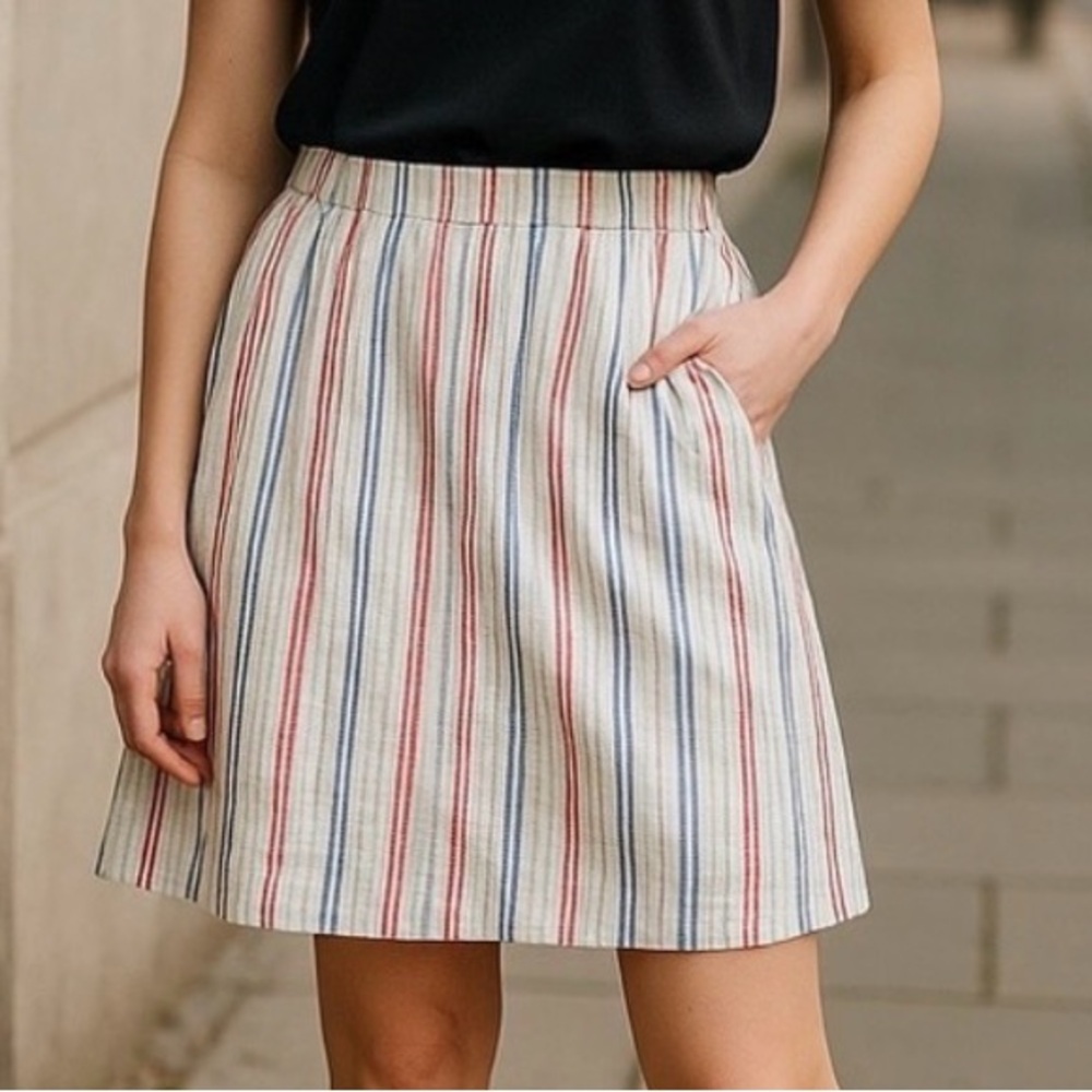LOFT Seer Sucker Pink/Blue/Green Skater Striped Knee-Length Casual sz L EUC